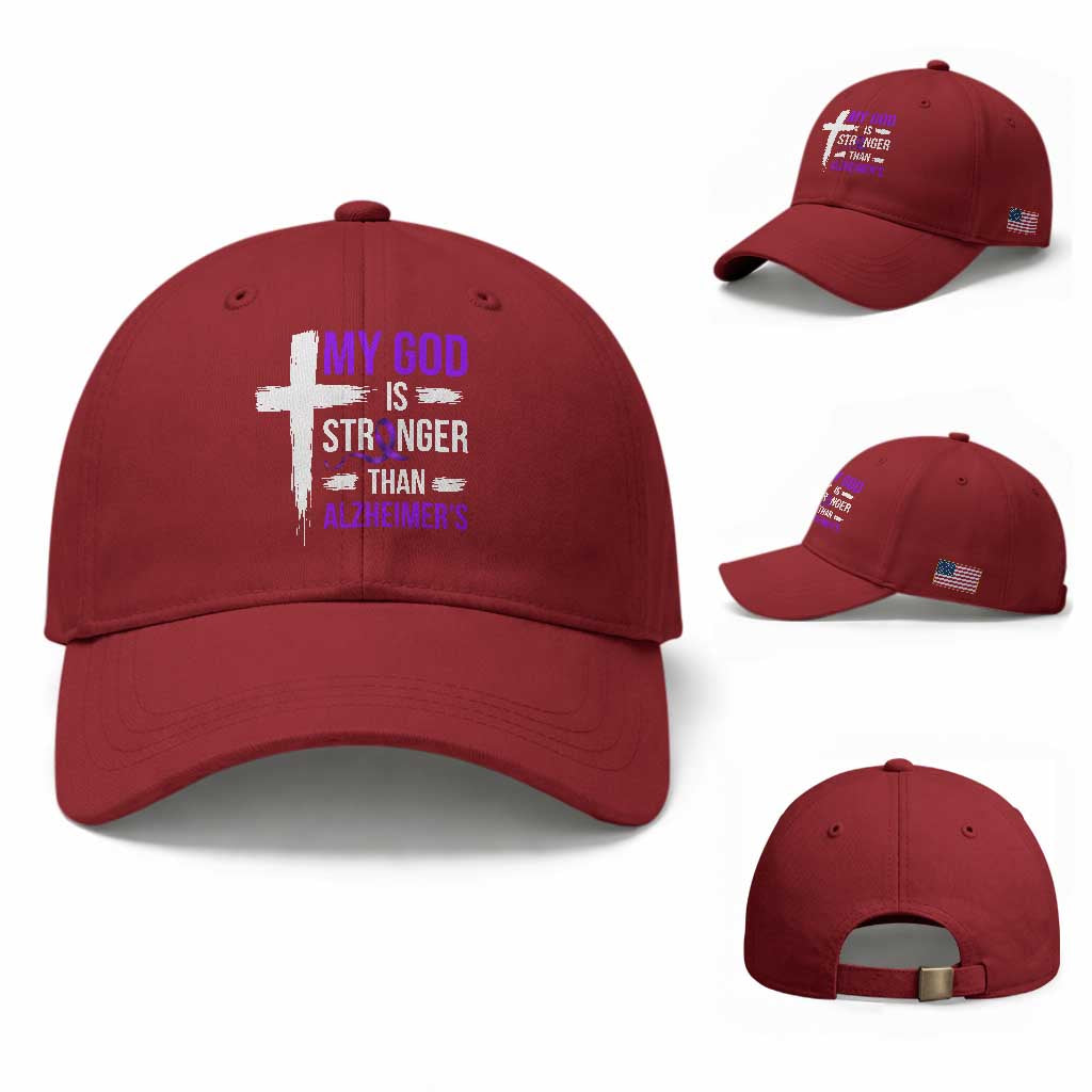 My God Is Stronger Than Alzheimers Baseball Cap Christian Purple Ribbon Faith Support
