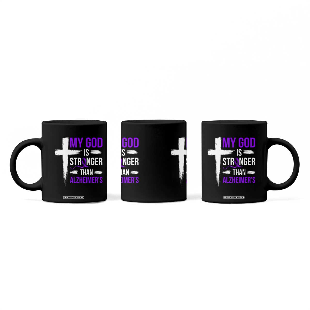 My God Is Stronger Than Alzheimers Coffee Mug Christian Purple Ribbon Faith Support