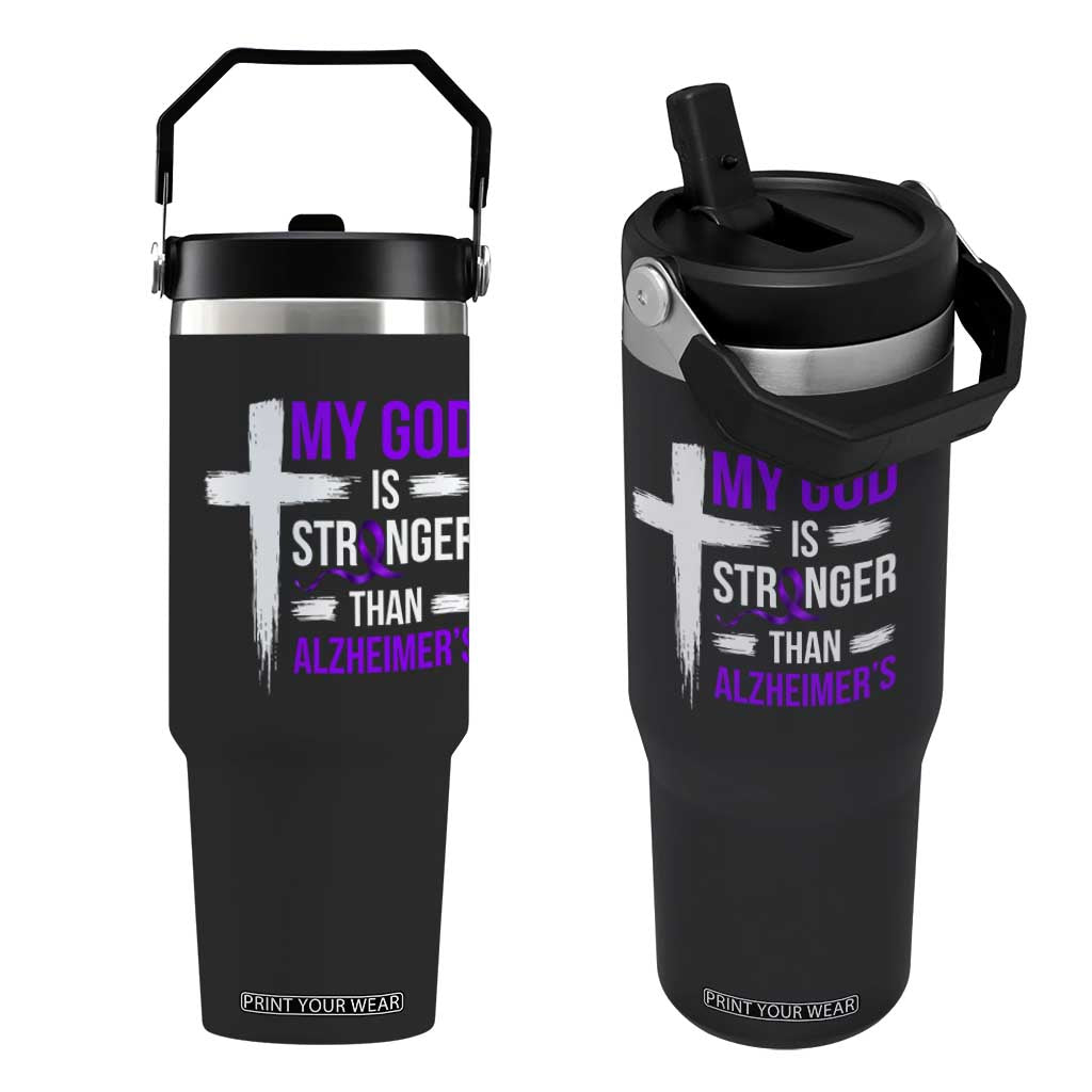 My God Is Stronger Than Alzheimers Flip Straw Tumbler Christian Purple Ribbon Faith Support TS12 One Size: 30 oz Black Print Your Wear