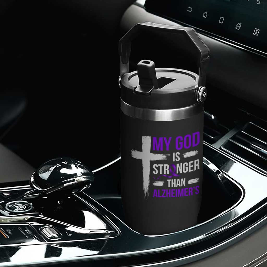 My God Is Stronger Than Alzheimers Flip Straw Tumbler Christian Purple Ribbon Faith Support