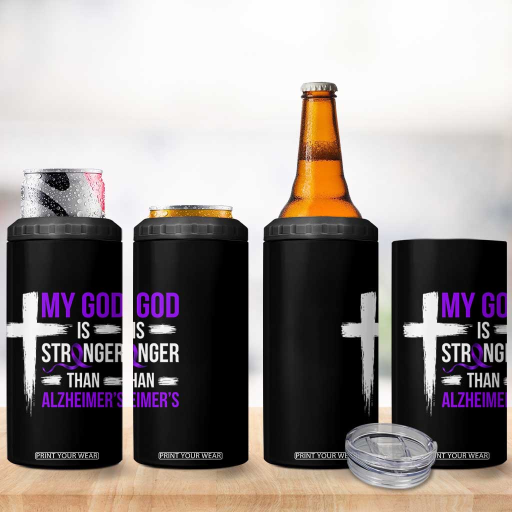 My God Is Stronger Than Alzheimers 4 in 1 Can Cooler Tumbler Christian Purple Ribbon Faith Support