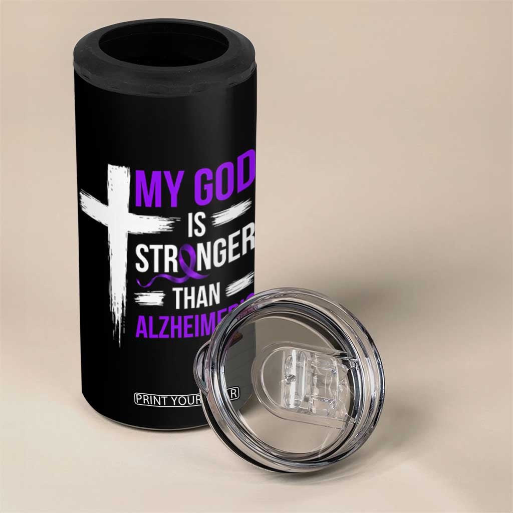 My God Is Stronger Than Alzheimers 4 in 1 Can Cooler Tumbler Christian Purple Ribbon Faith Support