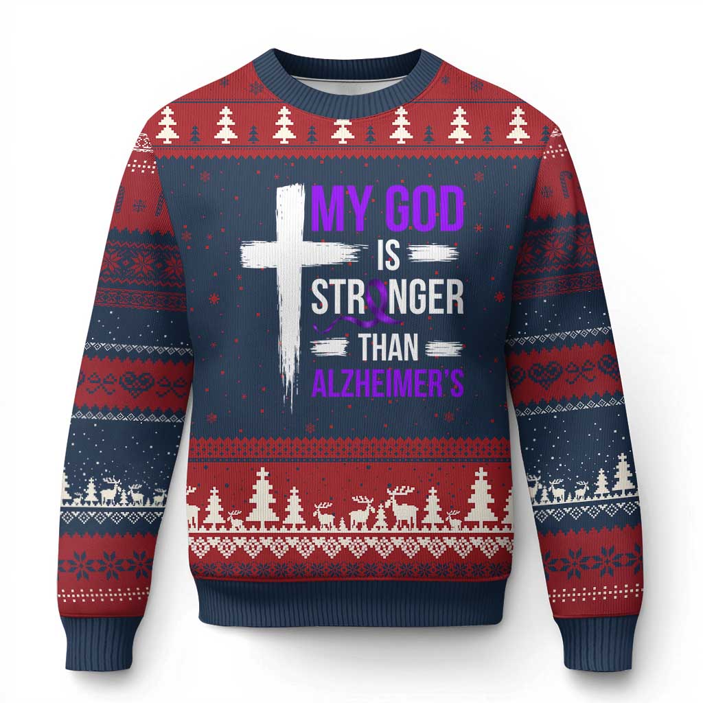 My God Is Stronger Than Alzheimers Ugly Christmas Sweater Christian Purple Ribbon Faith Support