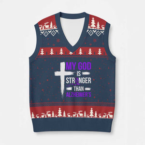 My God Is Stronger Than Alzheimers V-Neck Knit Sweater Vest Christian Purple Ribbon Faith Support
