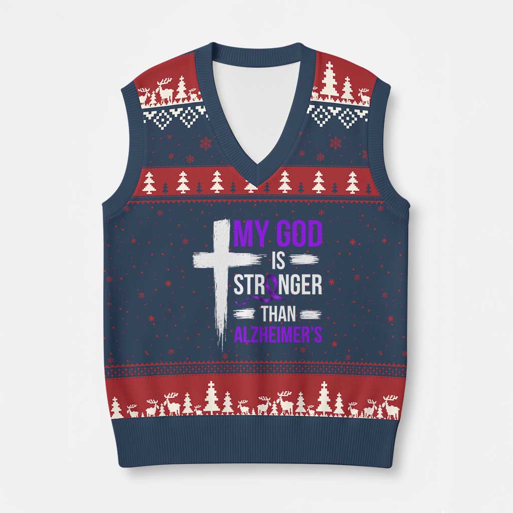 My God Is Stronger Than Alzheimers V-Neck Knit Sweater Vest Christian Purple Ribbon Faith Support TS12 Navy Red Print Your Wear
