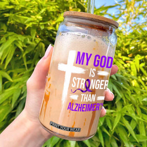 My God Is Stronger Than Alzheimers Glass Can Christian Purple Ribbon Faith Support