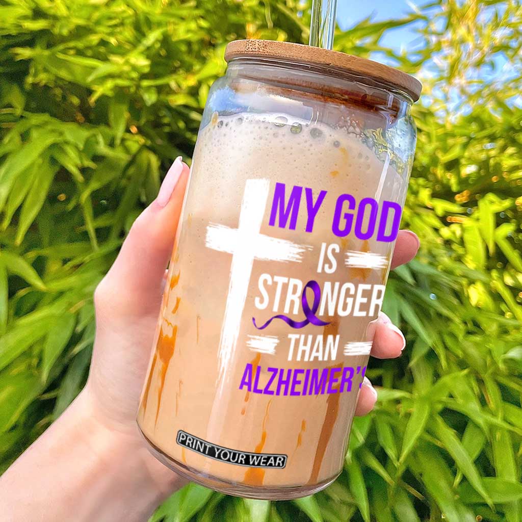 My God Is Stronger Than Alzheimers Glass Can Christian Purple Ribbon Faith Support TS12 Black Print Your Wear