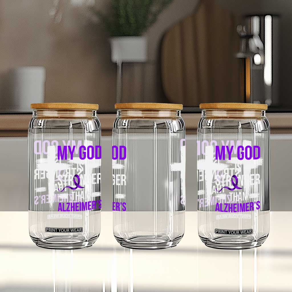 My God Is Stronger Than Alzheimers Glass Can Christian Purple Ribbon Faith Support