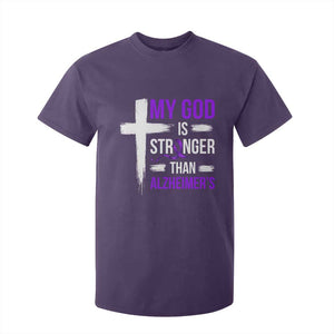 My God Is Stronger Than Alzheimers T Shirt For Kid Christian Purple Ribbon Faith Support