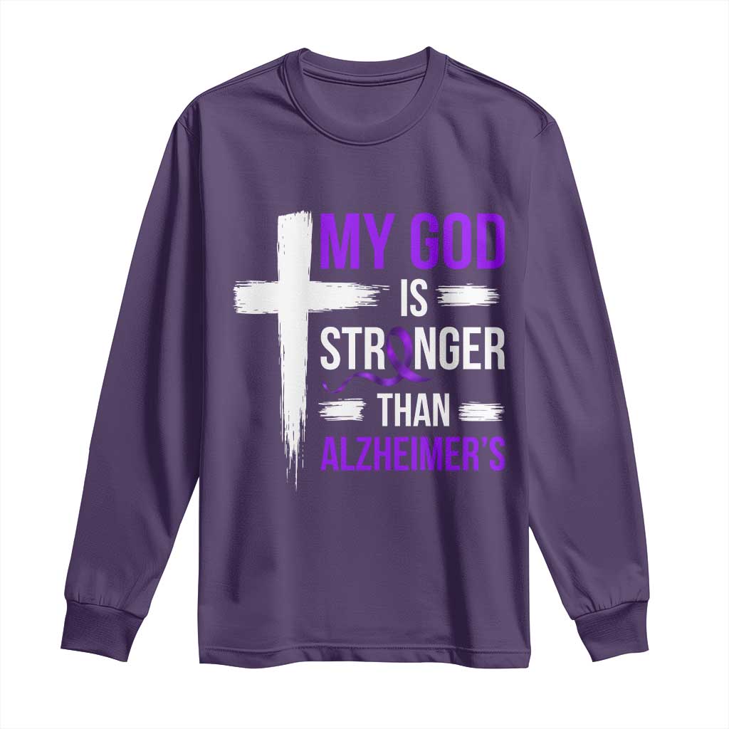 My God Is Stronger Than Alzheimers Long Sleeve Shirt Christian Purple Ribbon Faith Support TS12 Purple Print Your Wear