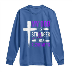 My God Is Stronger Than Alzheimers Long Sleeve Shirt Christian Purple Ribbon Faith Support