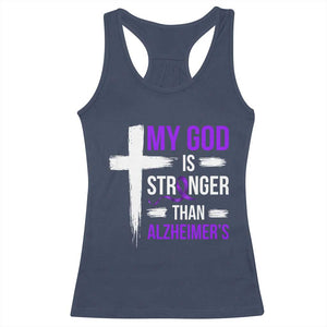 My God Is Stronger Than Alzheimers Racerback Tank Top Christian Purple Ribbon Faith Support