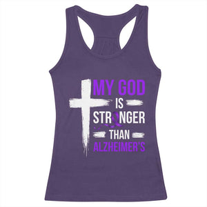 My God Is Stronger Than Alzheimers Racerback Tank Top Christian Purple Ribbon Faith Support