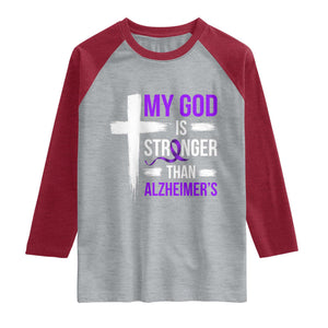 My God Is Stronger Than Alzheimers Raglan Shirt Christian Purple Ribbon Faith Support