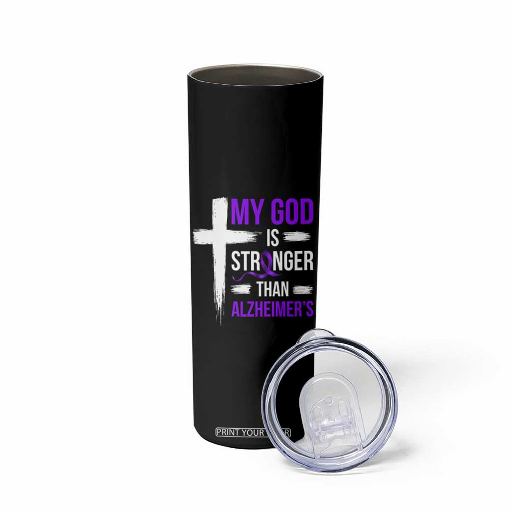 My God Is Stronger Than Alzheimers Skinny Tumbler Christian Purple Ribbon Faith Support