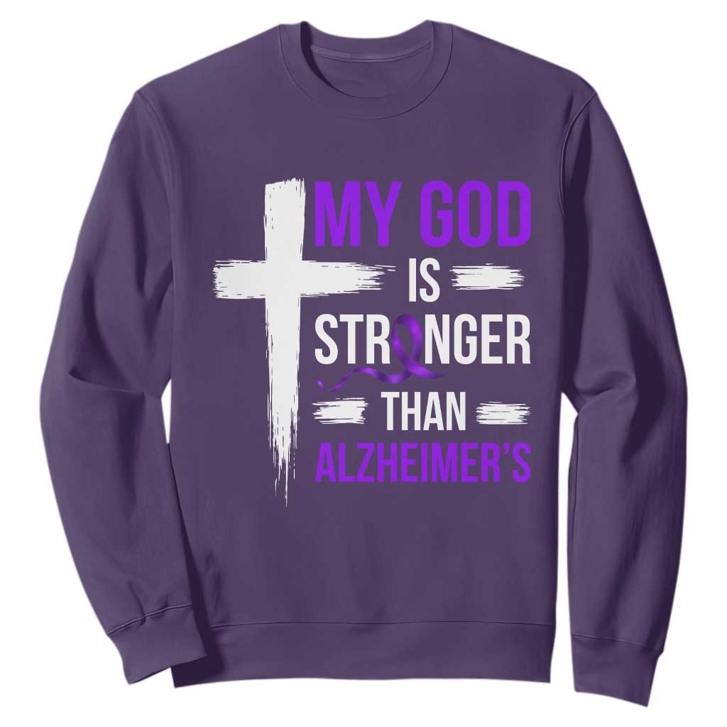 My God Is Stronger Than Alzheimers Sweatshirt Christian Purple Ribbon Faith Support TS12 Purple Print Your Wear