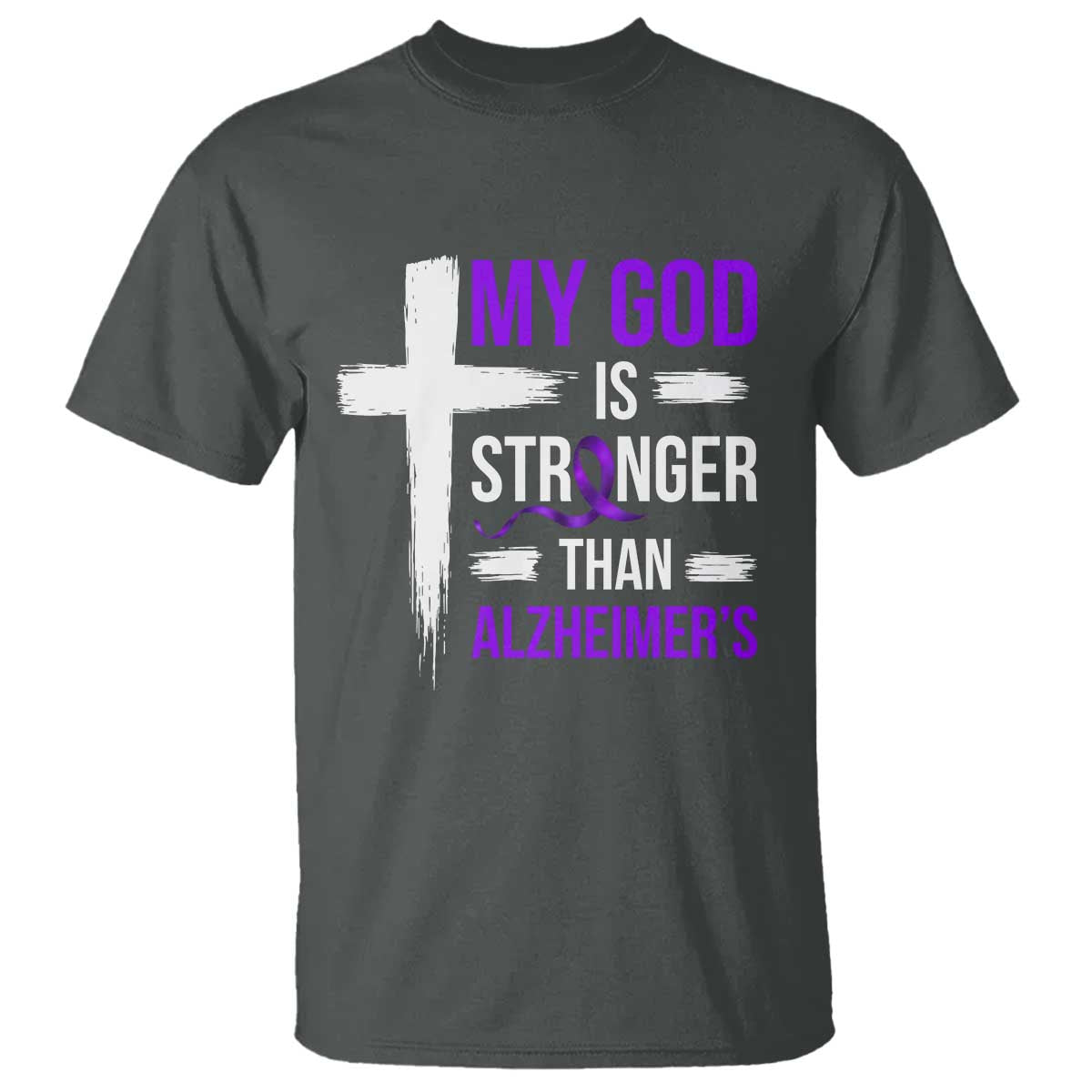 My God Is Stronger Than Alzheimers T Shirt Christian Purple Ribbon Faith Support
