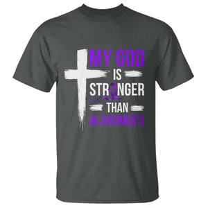 My God Is Stronger Than Alzheimers T Shirt Christian Purple Ribbon Faith Support