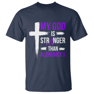 My God Is Stronger Than Alzheimers T Shirt Christian Purple Ribbon Faith Support