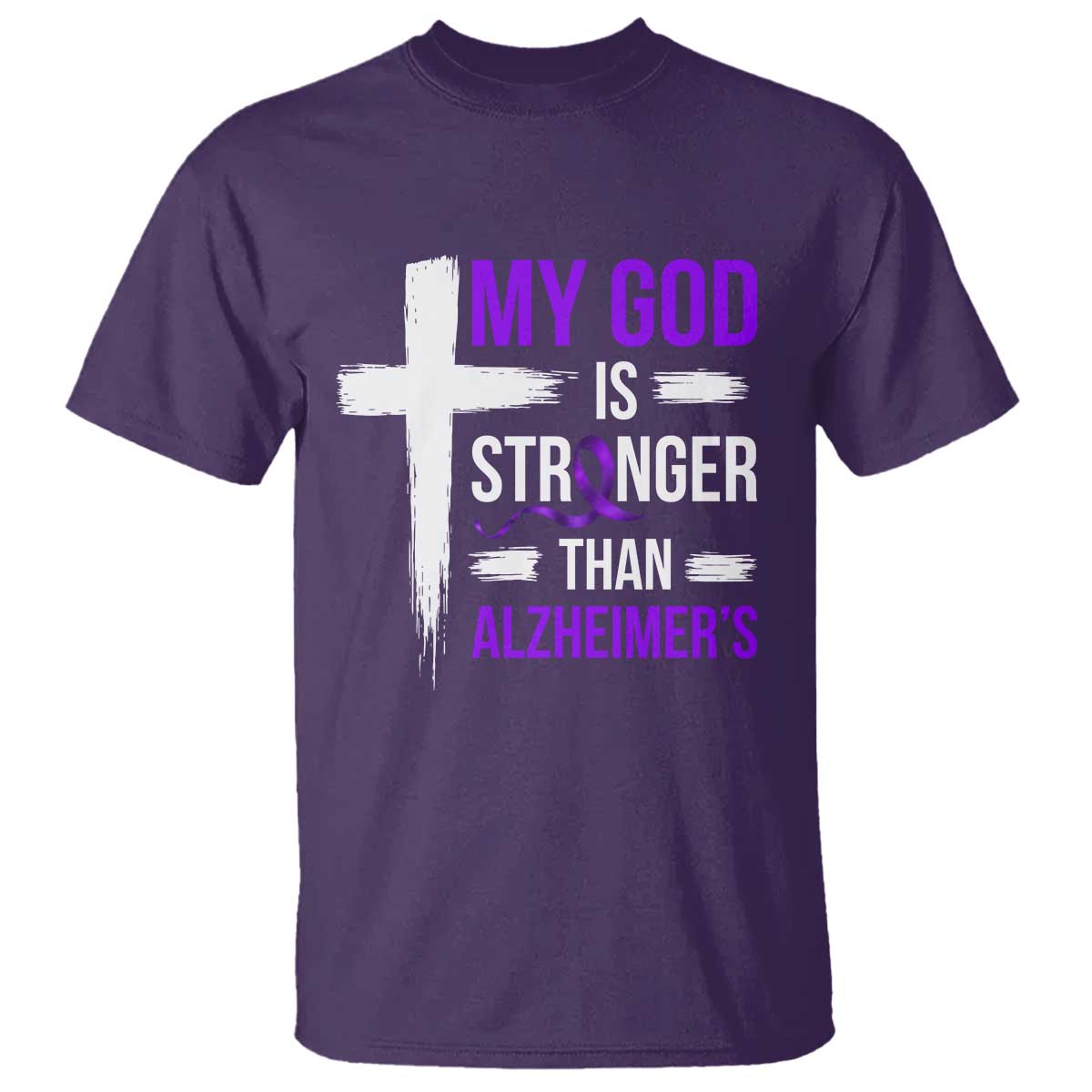 My God Is Stronger Than Alzheimers T Shirt Christian Purple Ribbon Faith Support TS12 Purple Print Your Wear