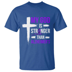 My God Is Stronger Than Alzheimers T Shirt Christian Purple Ribbon Faith Support