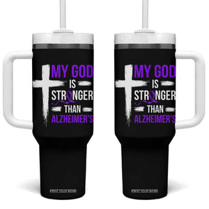 My God Is Stronger Than Alzheimers Tumbler With Handle Christian Purple Ribbon Faith Support