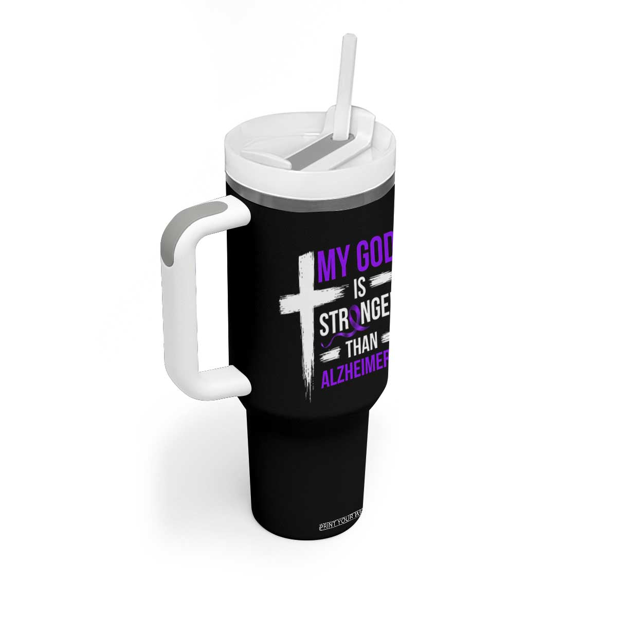 My God Is Stronger Than Alzheimers Tumbler With Handle Christian Purple Ribbon Faith Support