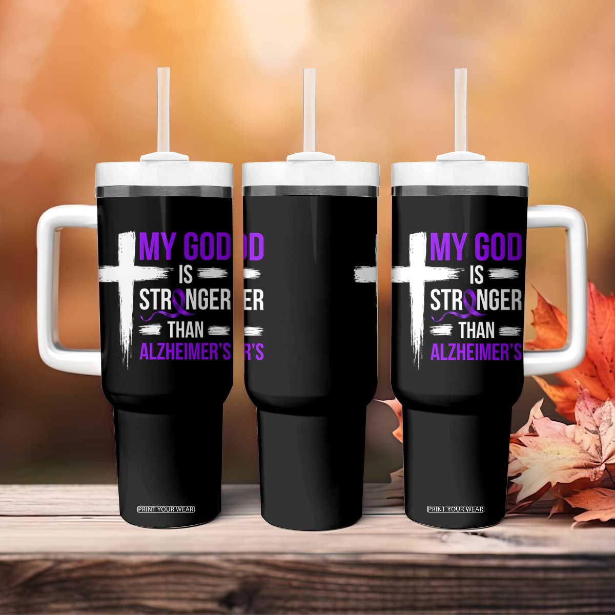 My God Is Stronger Than Alzheimers Tumbler With Handle Christian Purple Ribbon Faith Support