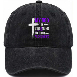 My God Is Stronger Than Alzheimers Washed Cotton Baseball Cap Christian Purple Ribbon Faith Support