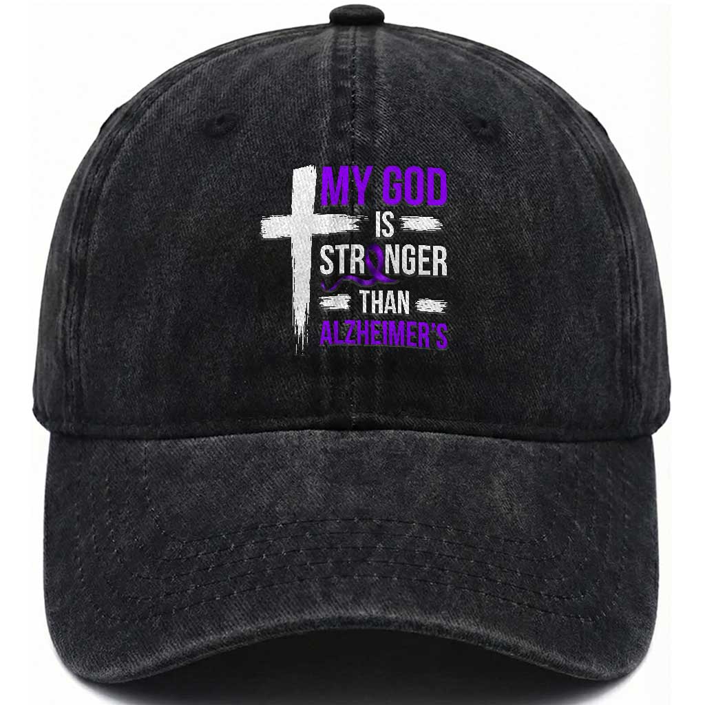 My God Is Stronger Than Alzheimers Washed Cotton Baseball Cap Christian Purple Ribbon Faith Support TS12 Print Your Wear