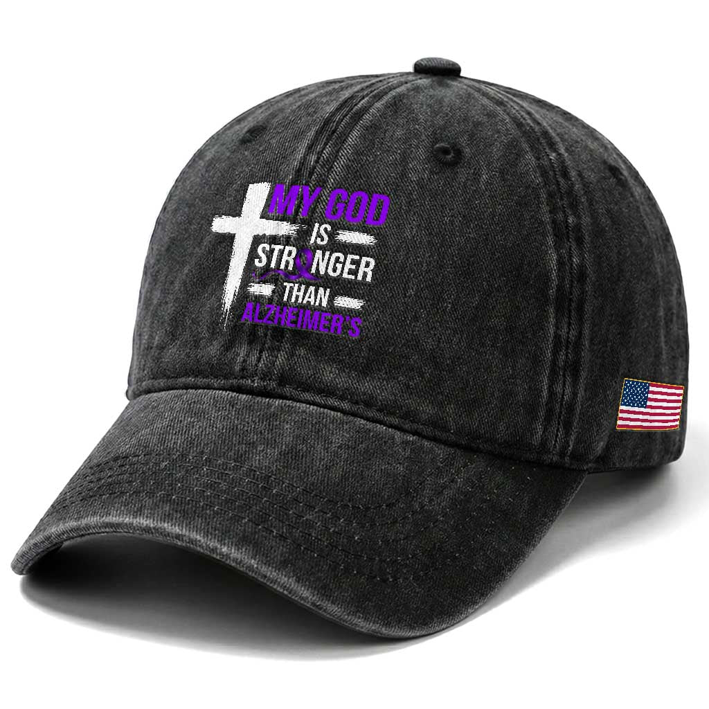 My God Is Stronger Than Alzheimers Washed Cotton Baseball Cap Christian Purple Ribbon Faith Support