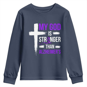 My God Is Stronger Than Alzheimers Youth Sweatshirt Christian Purple Ribbon Faith Support