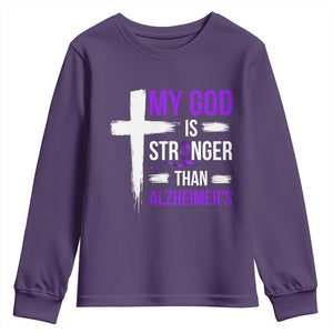 My God Is Stronger Than Alzheimers Youth Sweatshirt Christian Purple Ribbon Faith Support