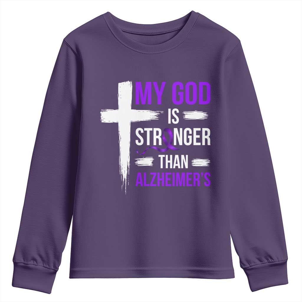 My God Is Stronger Than Alzheimers Youth Sweatshirt Christian Purple Ribbon Faith Support TS12 Purple Print Your Wear