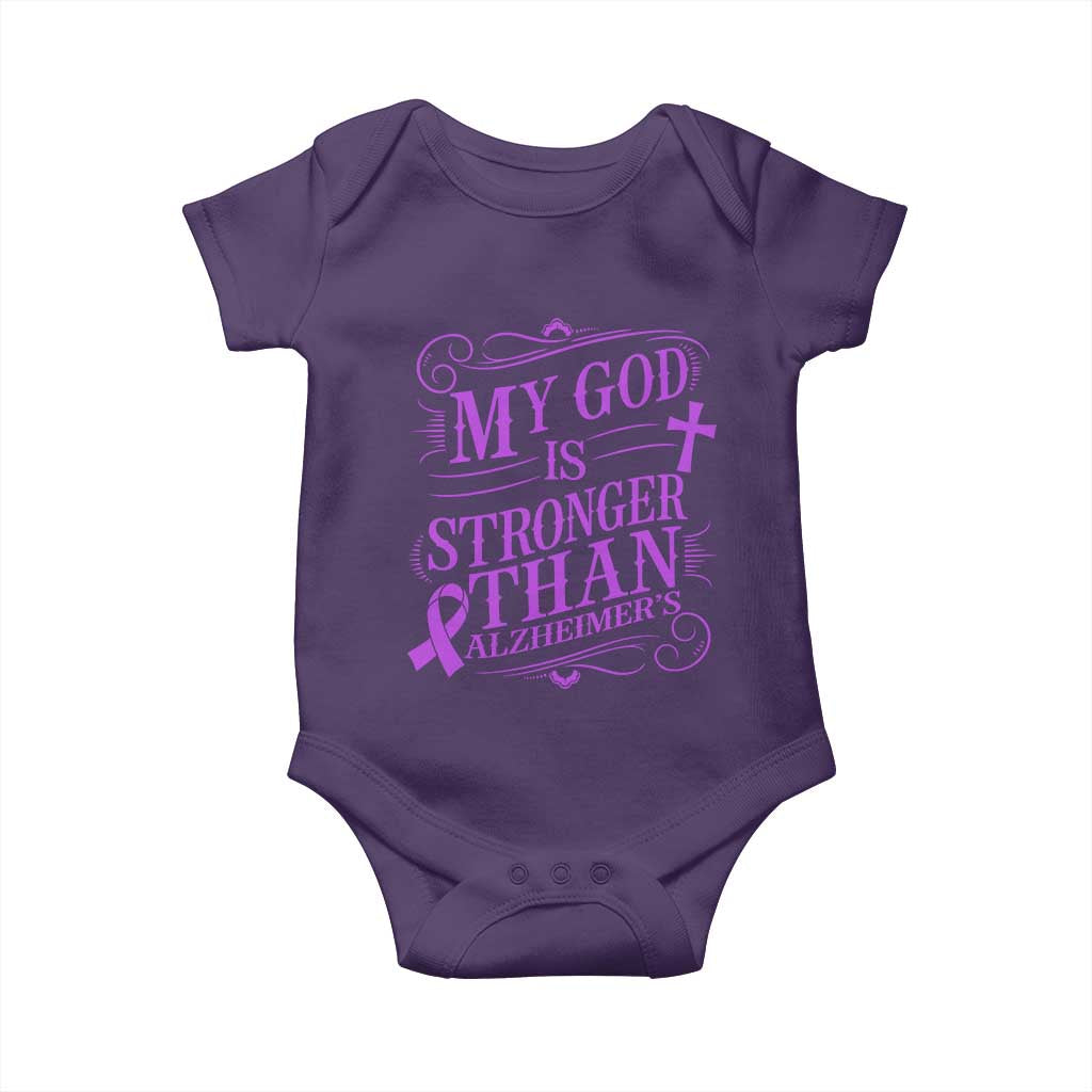 My God Is Stronger Than Alzheimers Baby Onesie Faith Hope Purple Ribbon Graphic TS12 Purple Print Your Wear