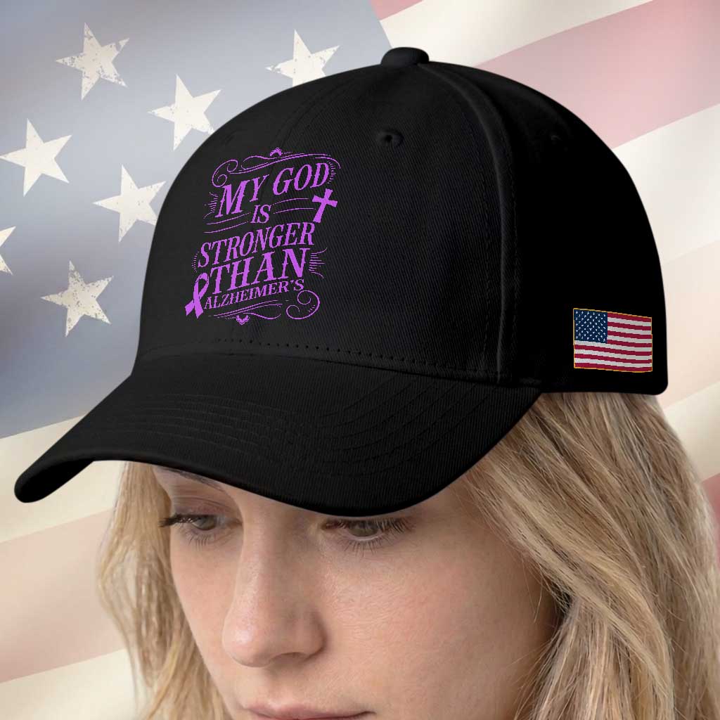 My God Is Stronger Than Alzheimers Baseball Cap Faith Hope Purple Ribbon Graphic