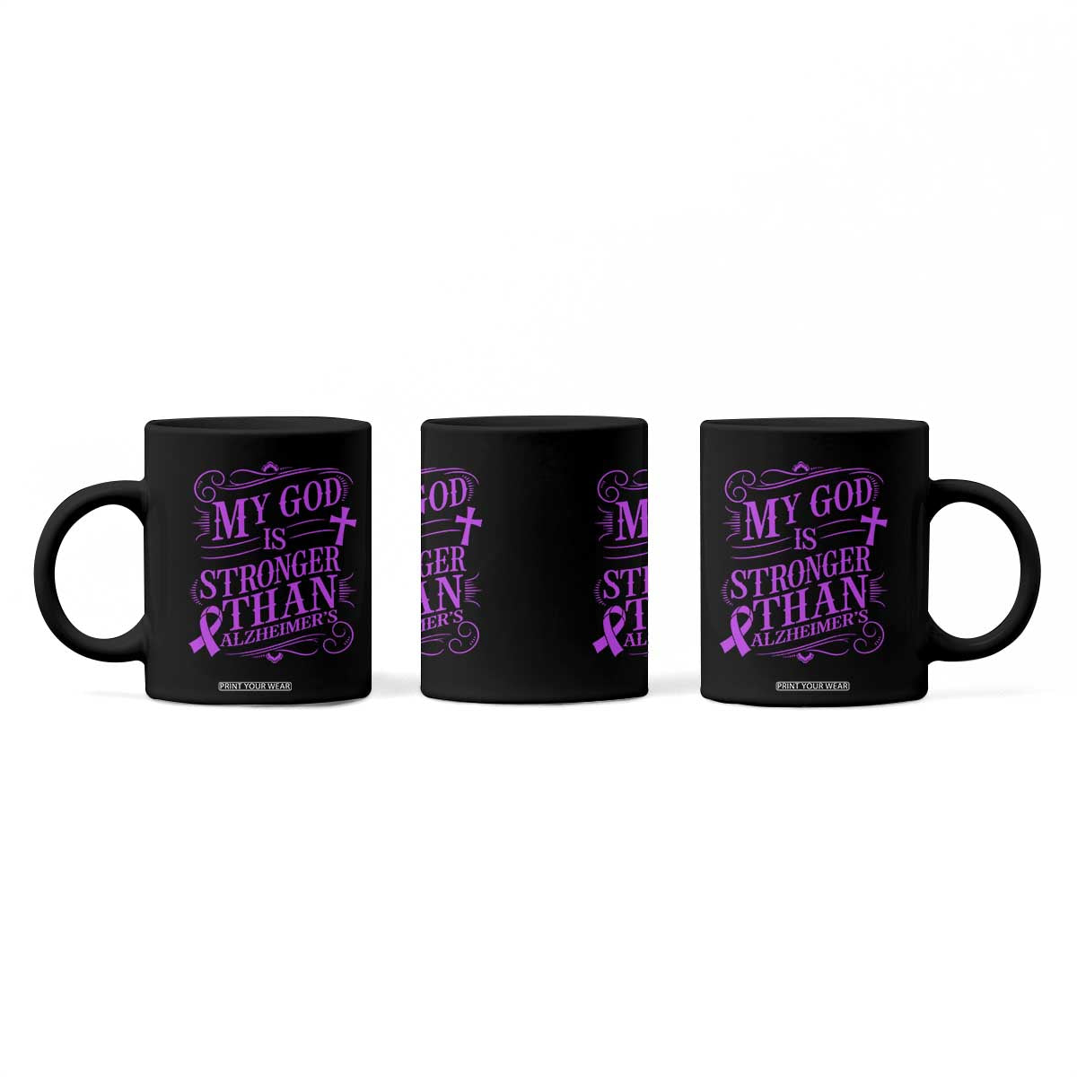 My God Is Stronger Than Alzheimers Coffee Mug Faith Hope Purple Ribbon Graphic