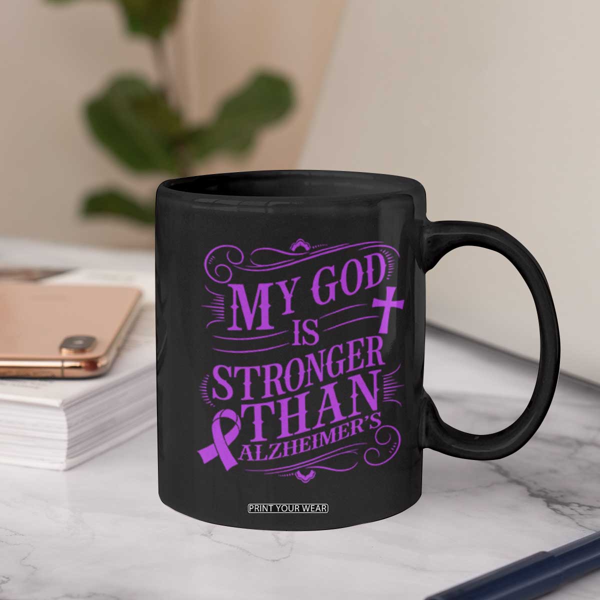 My God Is Stronger Than Alzheimers Coffee Mug Faith Hope Purple Ribbon Graphic