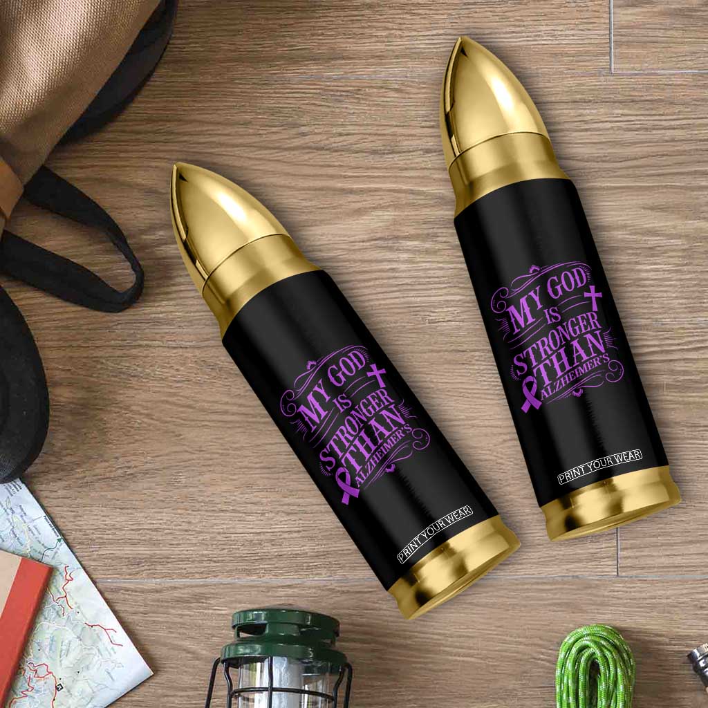 My God Is Stronger Than Alzheimers Bullet Tumbler Faith Hope Purple Ribbon Graphic