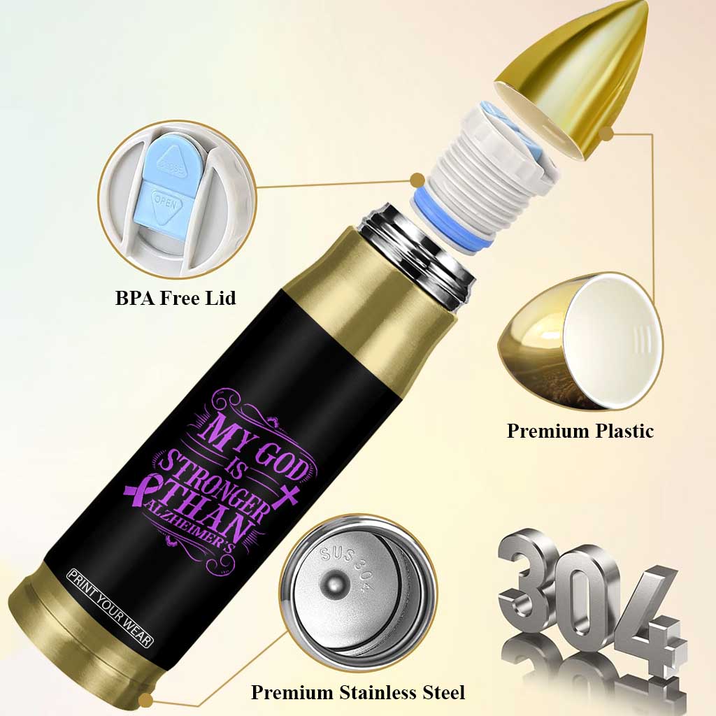 My God Is Stronger Than Alzheimers Bullet Tumbler Faith Hope Purple Ribbon Graphic