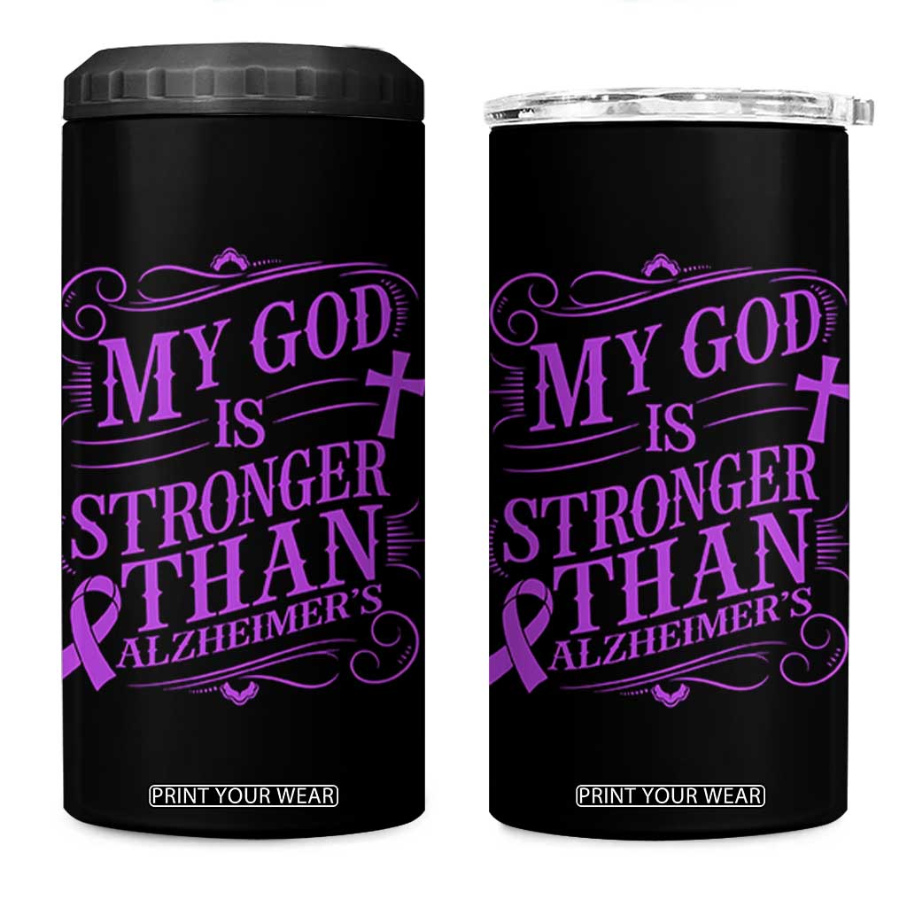 My God Is Stronger Than Alzheimers 4 in 1 Can Cooler Tumbler Faith Hope Purple Ribbon Graphic