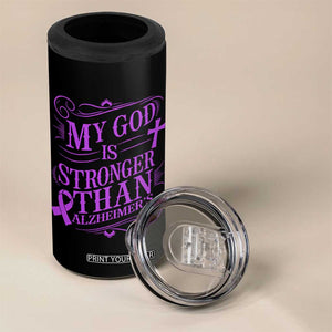 My God Is Stronger Than Alzheimers 4 in 1 Can Cooler Tumbler Faith Hope Purple Ribbon Graphic
