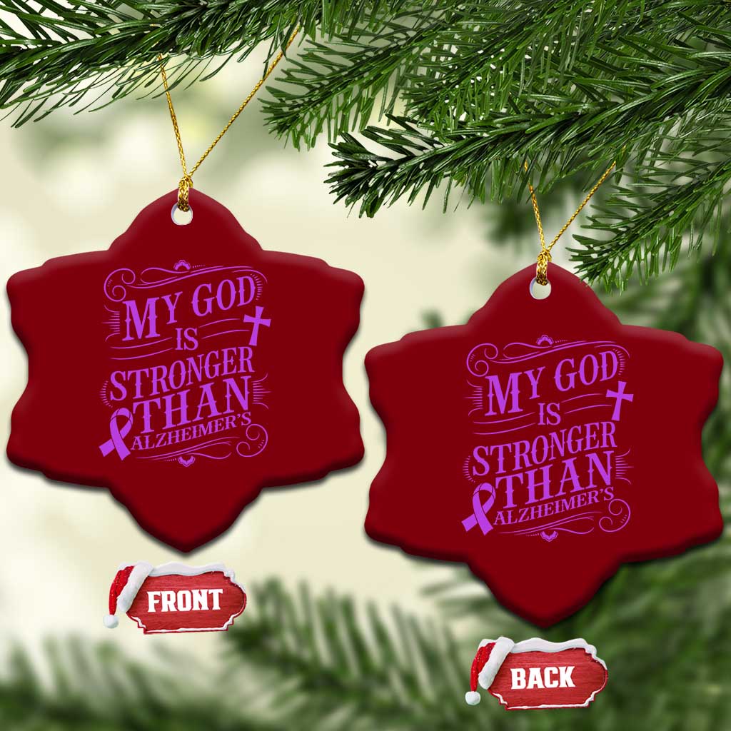 My God Is Stronger Than Alzheimers Ceramic Ornament Faith Hope Purple Ribbon Graphic