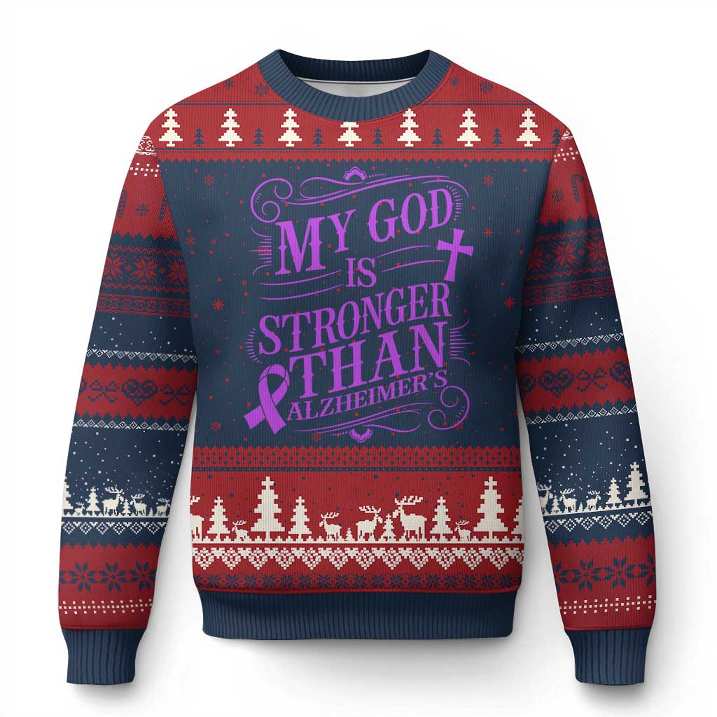 My God Is Stronger Than Alzheimers Ugly Christmas Sweater Faith Hope Purple Ribbon Graphic TS12 Navy Red Print Your Wear