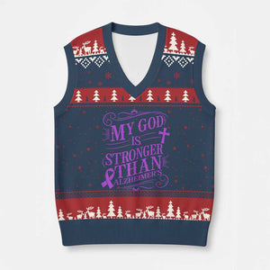 My God Is Stronger Than Alzheimers V-Neck Knit Sweater Vest Faith Hope Purple Ribbon Graphic