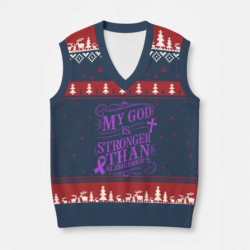 My God Is Stronger Than Alzheimers V-Neck Knit Sweater Vest Faith Hope Purple Ribbon Graphic TS12 Navy Red Print Your Wear