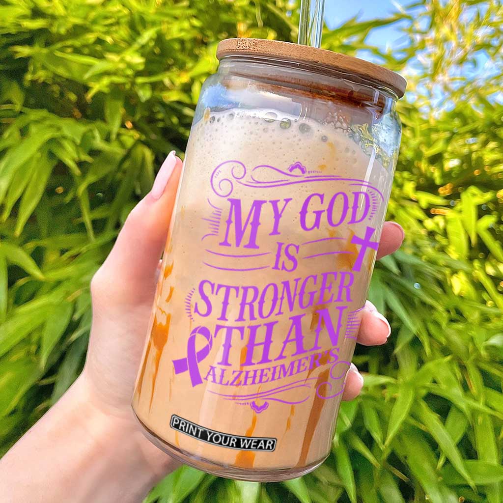 My God Is Stronger Than Alzheimers Glass Can Faith Hope Purple Ribbon Graphic TS12 Black Print Your Wear