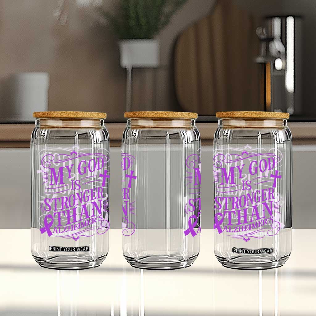 My God Is Stronger Than Alzheimers Glass Can Faith Hope Purple Ribbon Graphic