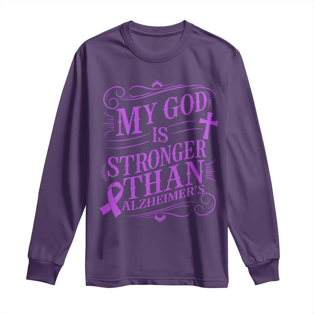 My God Is Stronger Than Alzheimers Long Sleeve Shirt Faith Hope Purple Ribbon Graphic TS12 Purple Print Your Wear