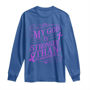 My God Is Stronger Than Alzheimers Long Sleeve Shirt Faith Hope Purple Ribbon Graphic